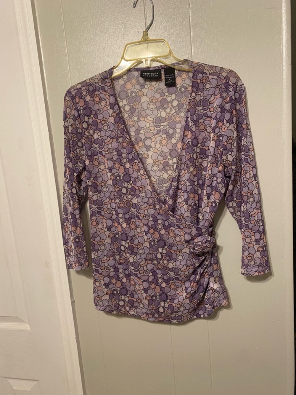 Y2K New York & Company Lavender Floral Wrap Blouse with Side Knot